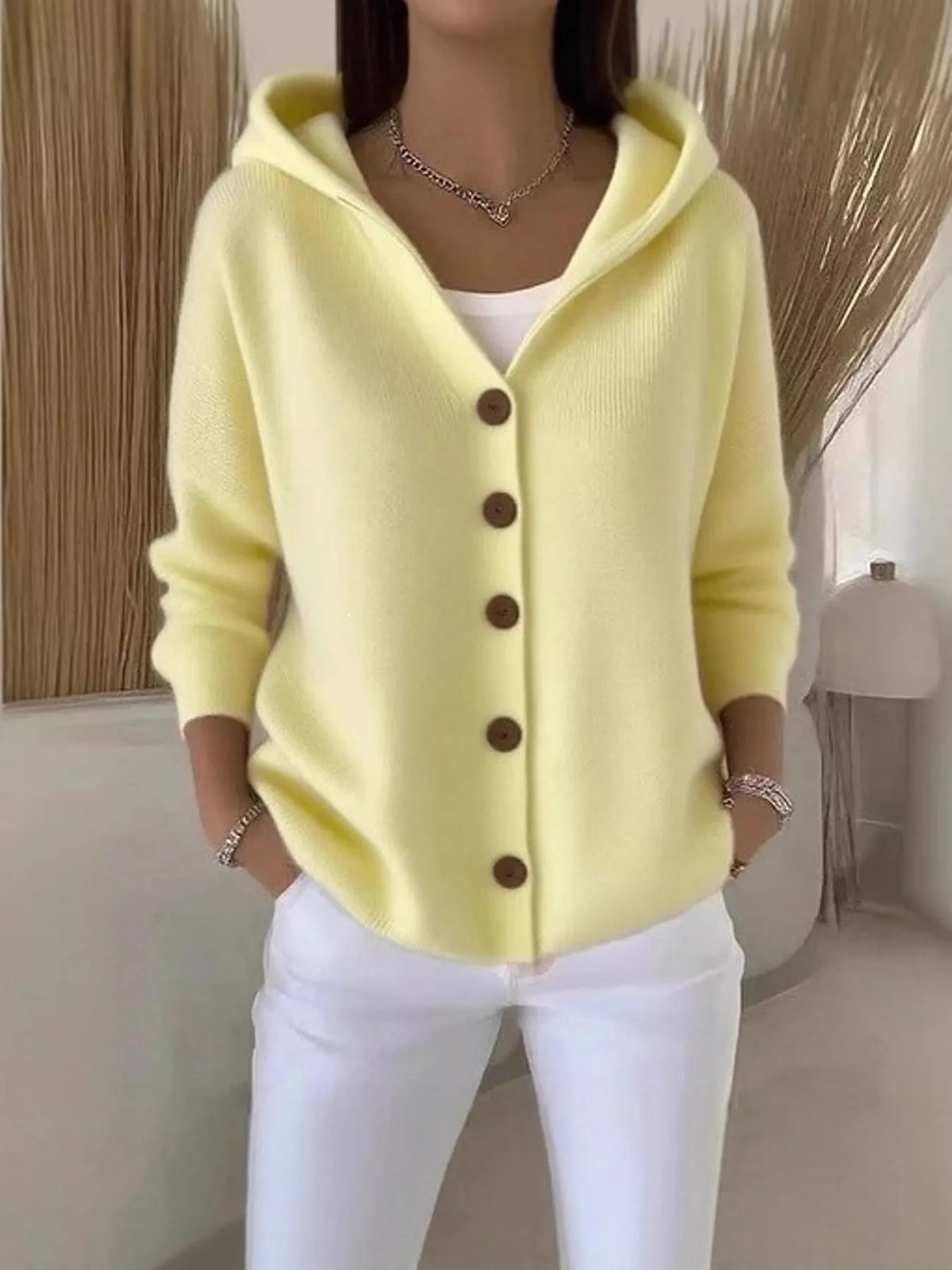 Full Size Hooded Button-Down Knit Cardigan Plus Size - Light Yellow - View 23