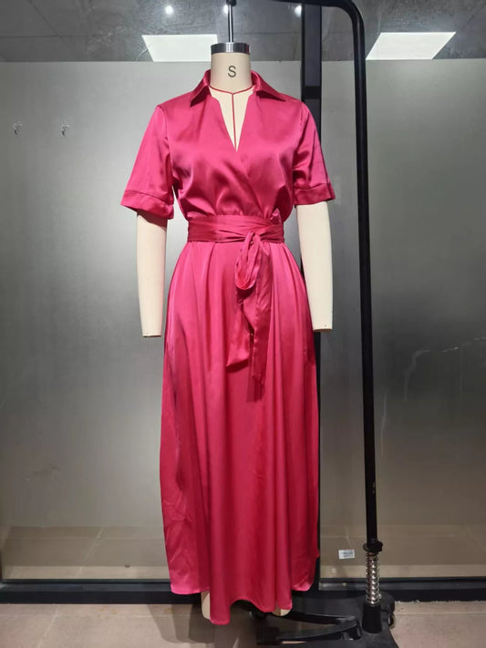 Collared Neck Maxi Shirt Dress - Hot Pink - View 2