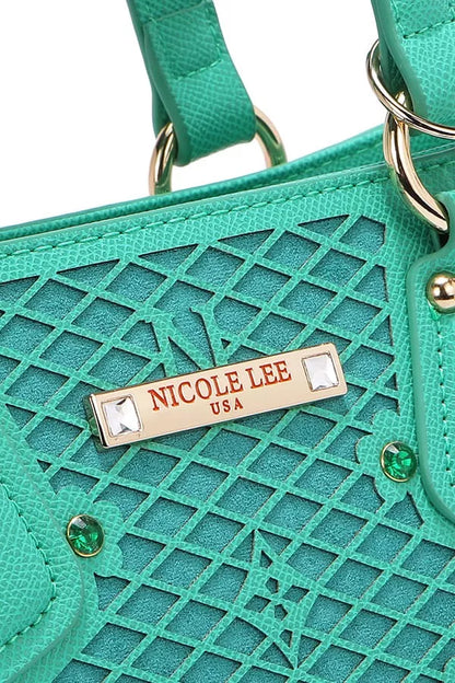 Nicole Lee USA Monogram Pattern Handbag with Rhinestones Decor - EMERALD - View 13