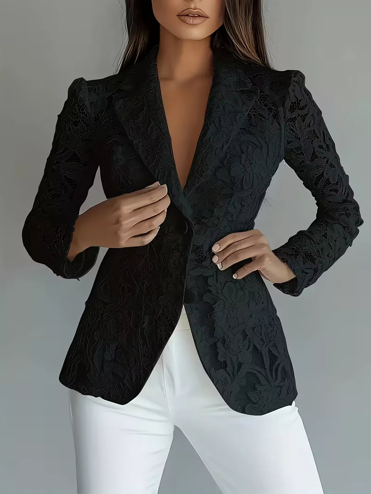 Lace Button Up Fitted Blazer - Black - View 1