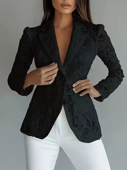Lace Button Up Fitted Blazer - Black - View 1