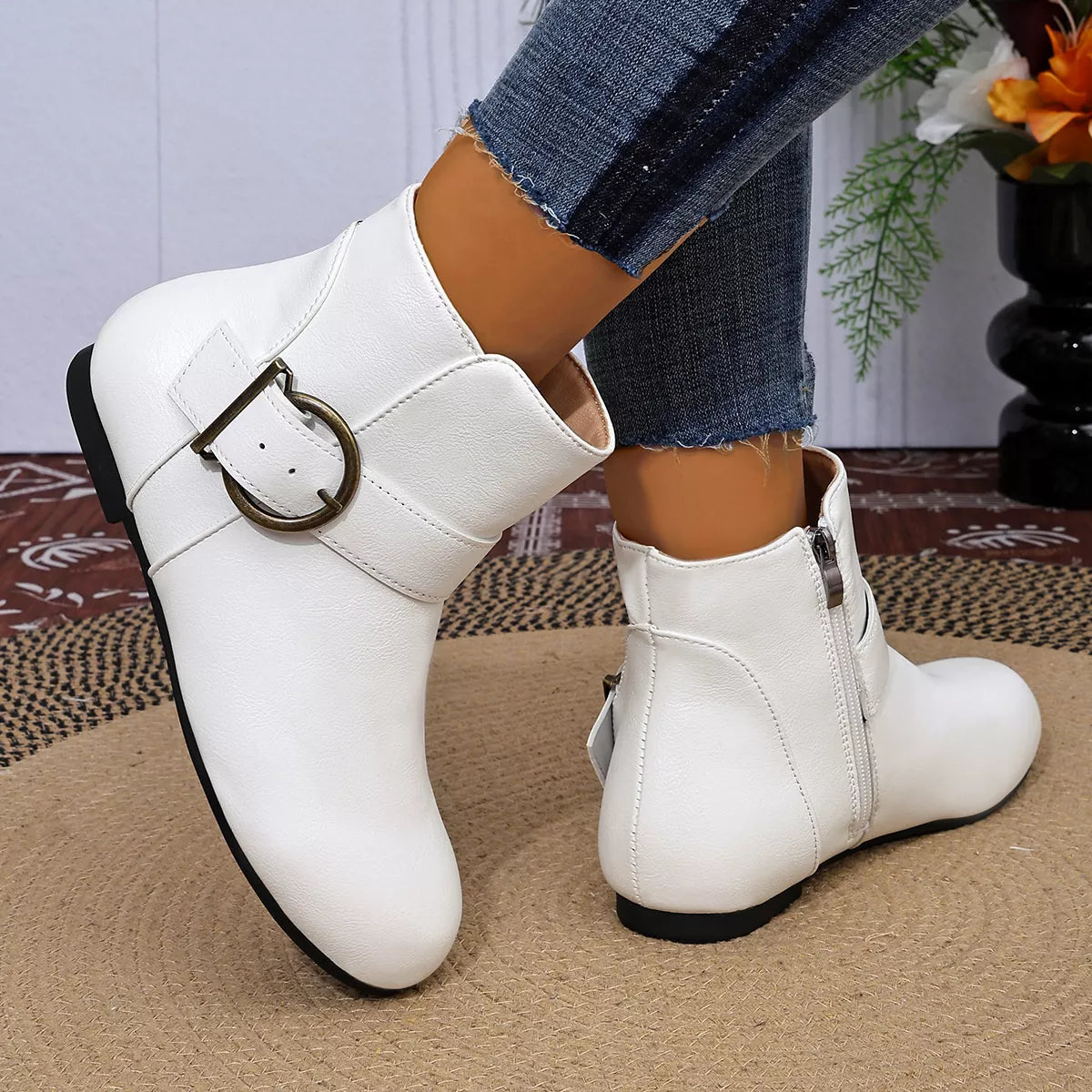 Round Toe Ankle Boots - White - View 6