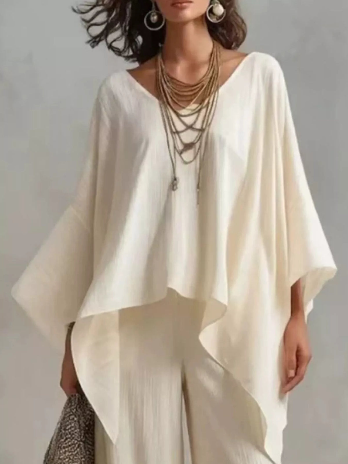 Loose Fit V-Neck Top and Pants Two-Piece Set - White - View 1