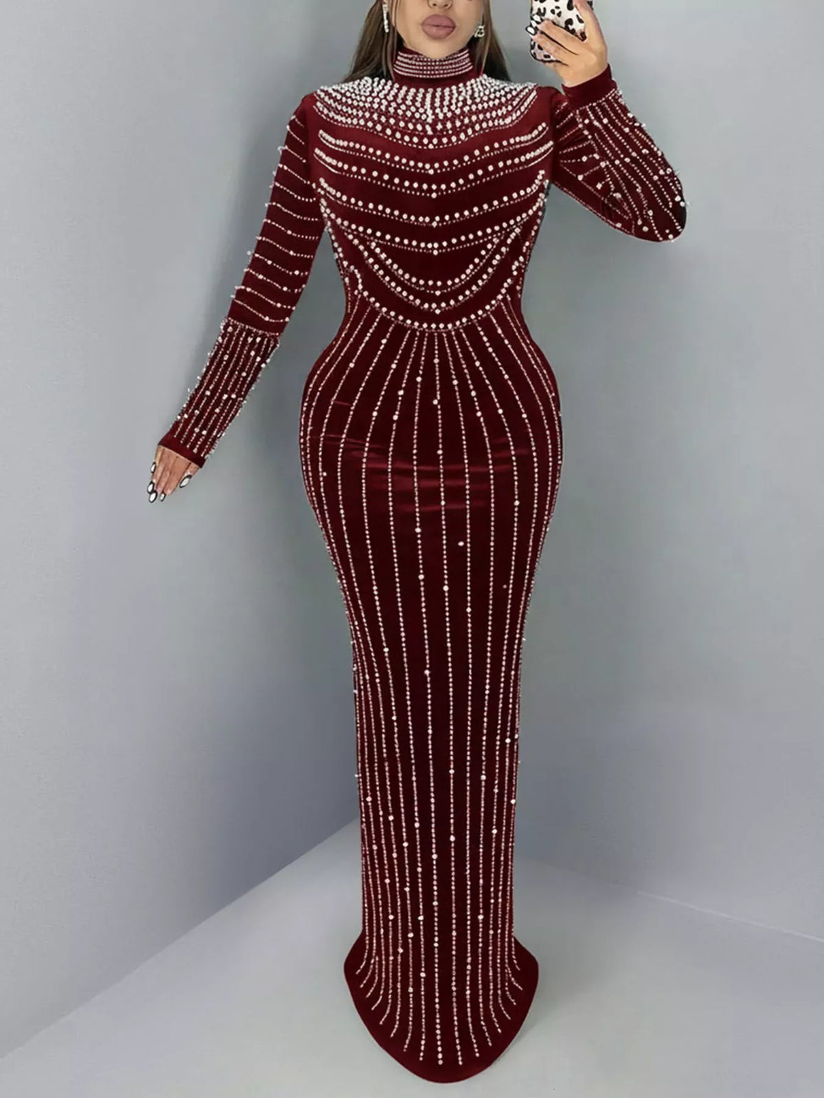 Rhinestone Embellished Mock Neck Long Sleeve Maxi Dress - Burgundy - View 1