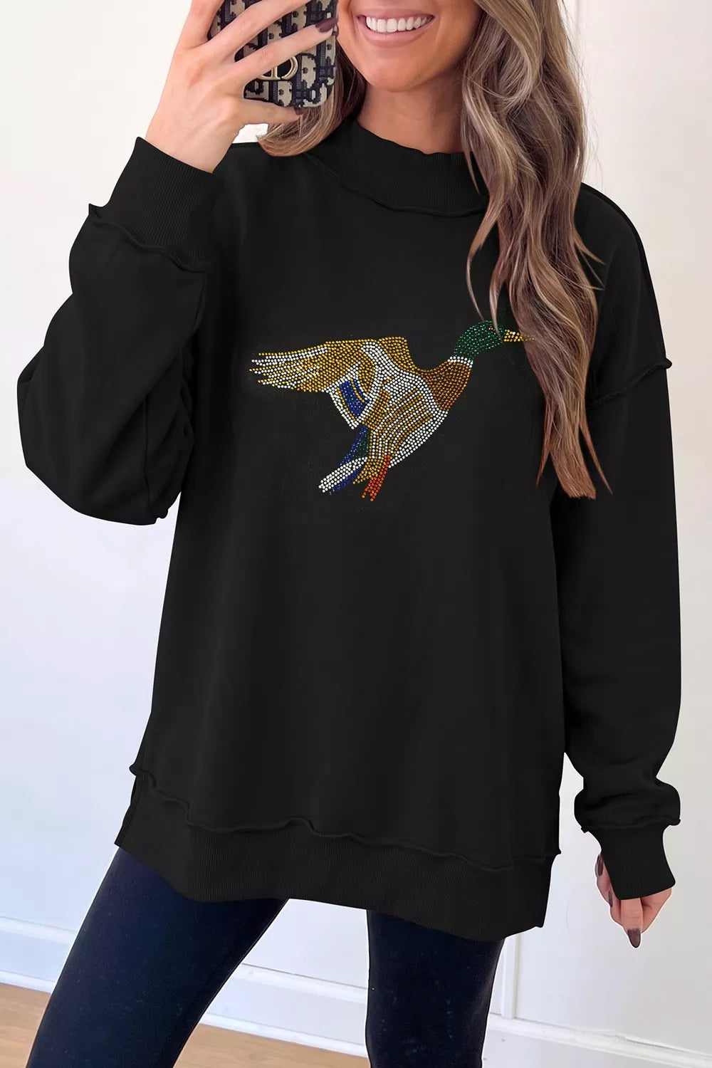 Rhinestone Flying Mallard Mock Neck Tunic Sweatshirt - Black - View 3