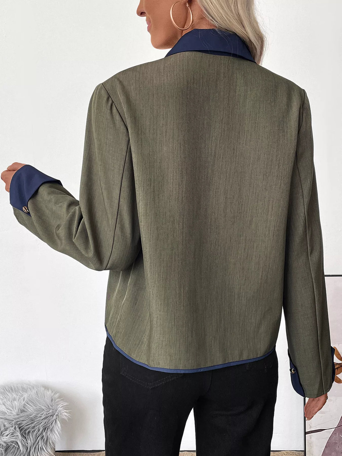 Contrast Trim Button-Up Jacket - Green - View 6