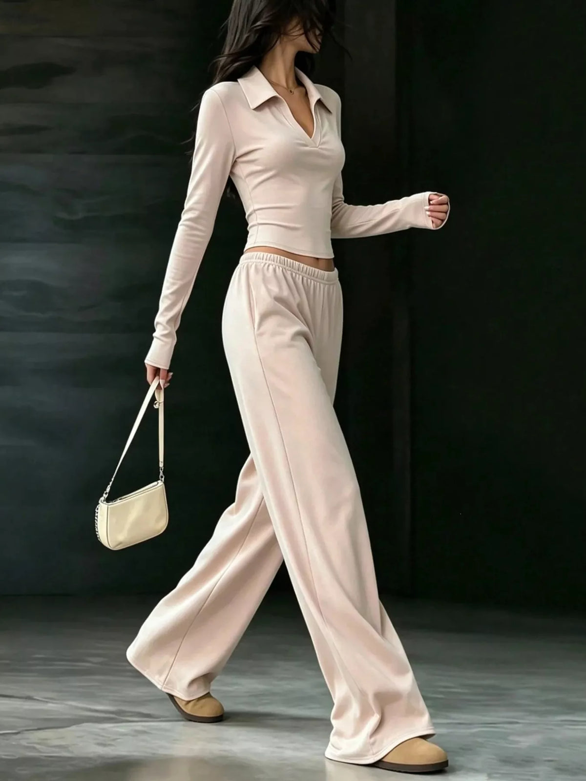 Solid Color Long Sleeve Polo Collar Top and Wide Leg Pants Set - Apricot - View 4