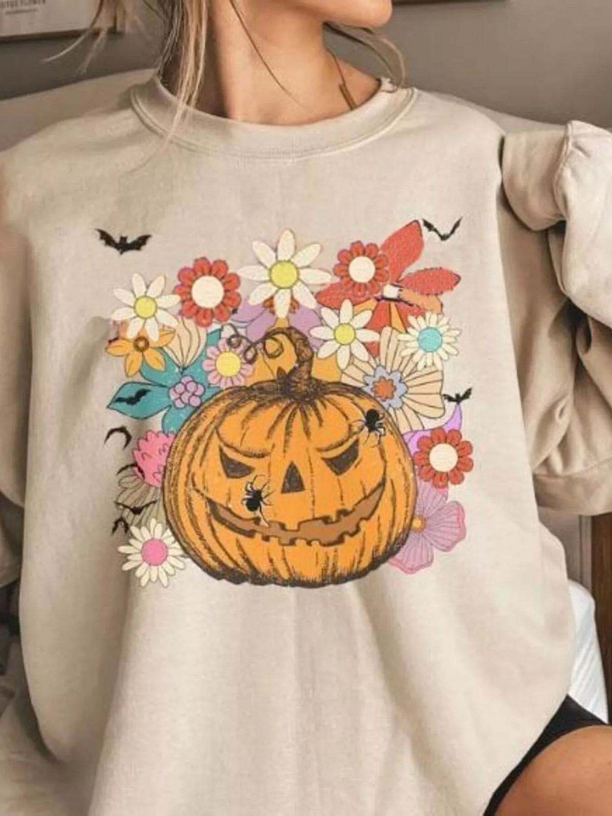 Halloween Pumpkin Floral Round Neck Sweatshirt - Tan - View 1