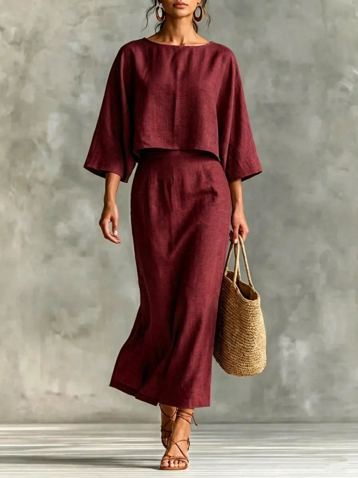Full Size Solid Color Cropped Top and Midi Skirt Set Plus Size - Burgundy - View 1