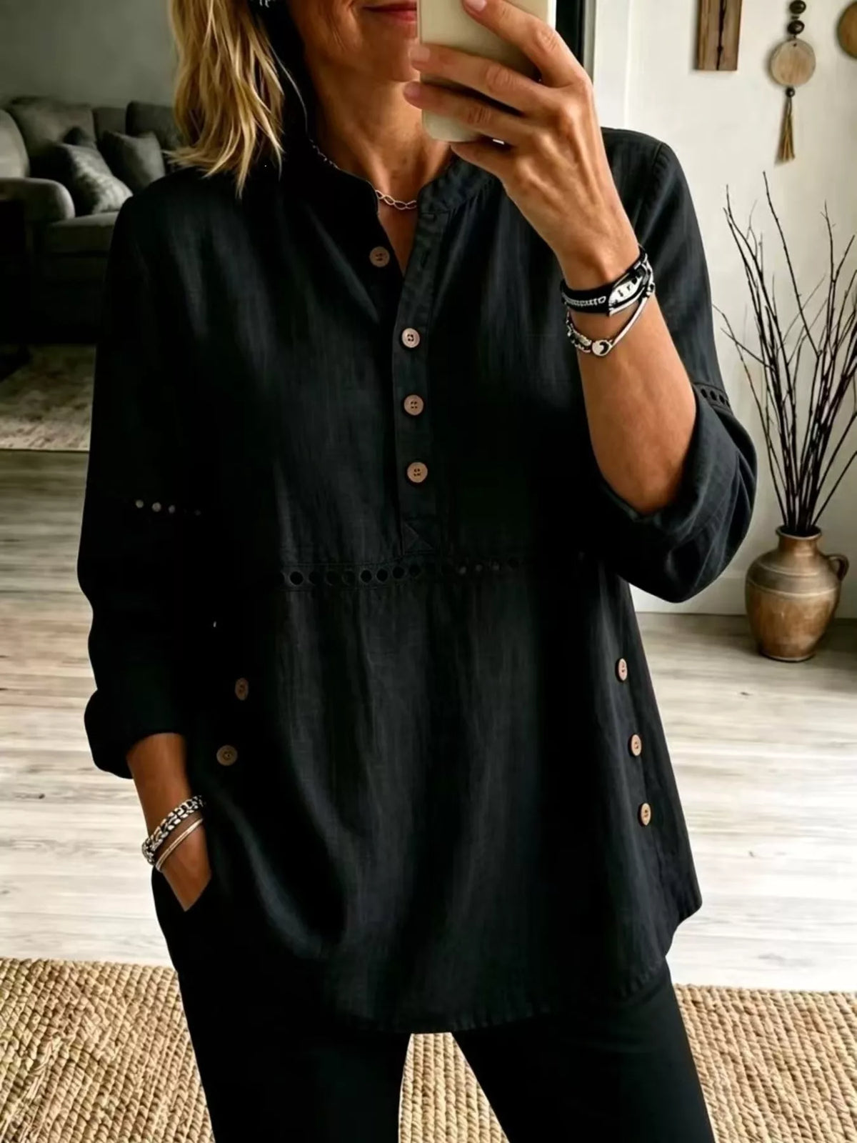 Full Size Button Detail Eyelet Long Sleeve Blouse Plus Size - Black - View 1