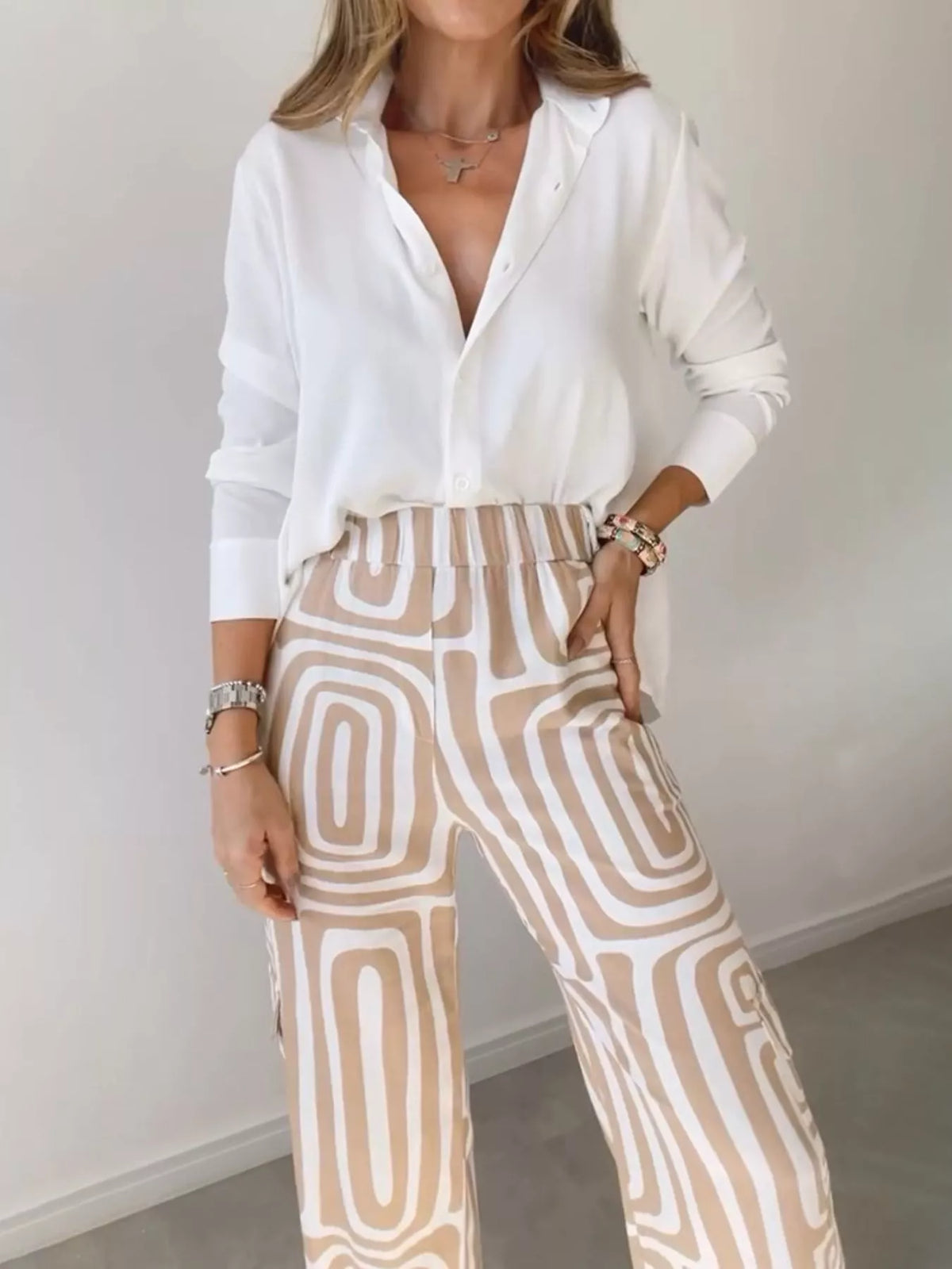 Full Size Chic Button-Down Shirt and Geometric Wide-Leg Pants Set Plus Size - Khaki - Set - View 3
