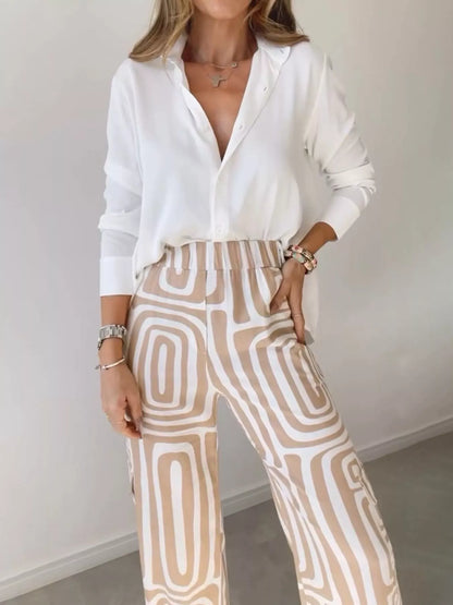 Full Size Chic Button-Down Shirt and Geometric Wide-Leg Pants Set Plus Size - Khaki - Set - View 3