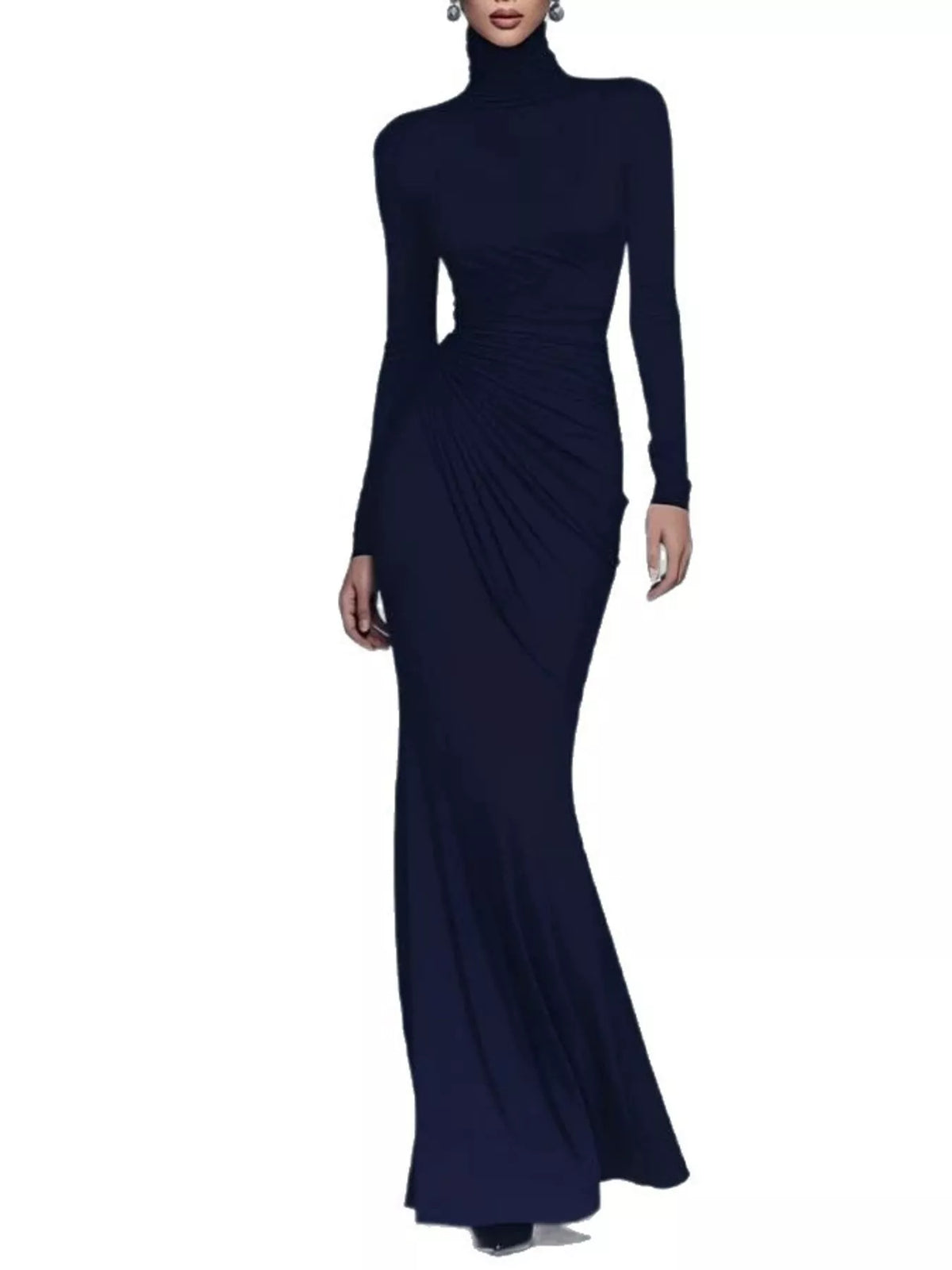 Turtleneck Long-Sleeve Ruched Maxi Dress - Dark Blue - View 4