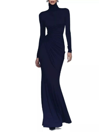 Turtleneck Long-Sleeve Ruched Maxi Dress - Dark Blue - View 4