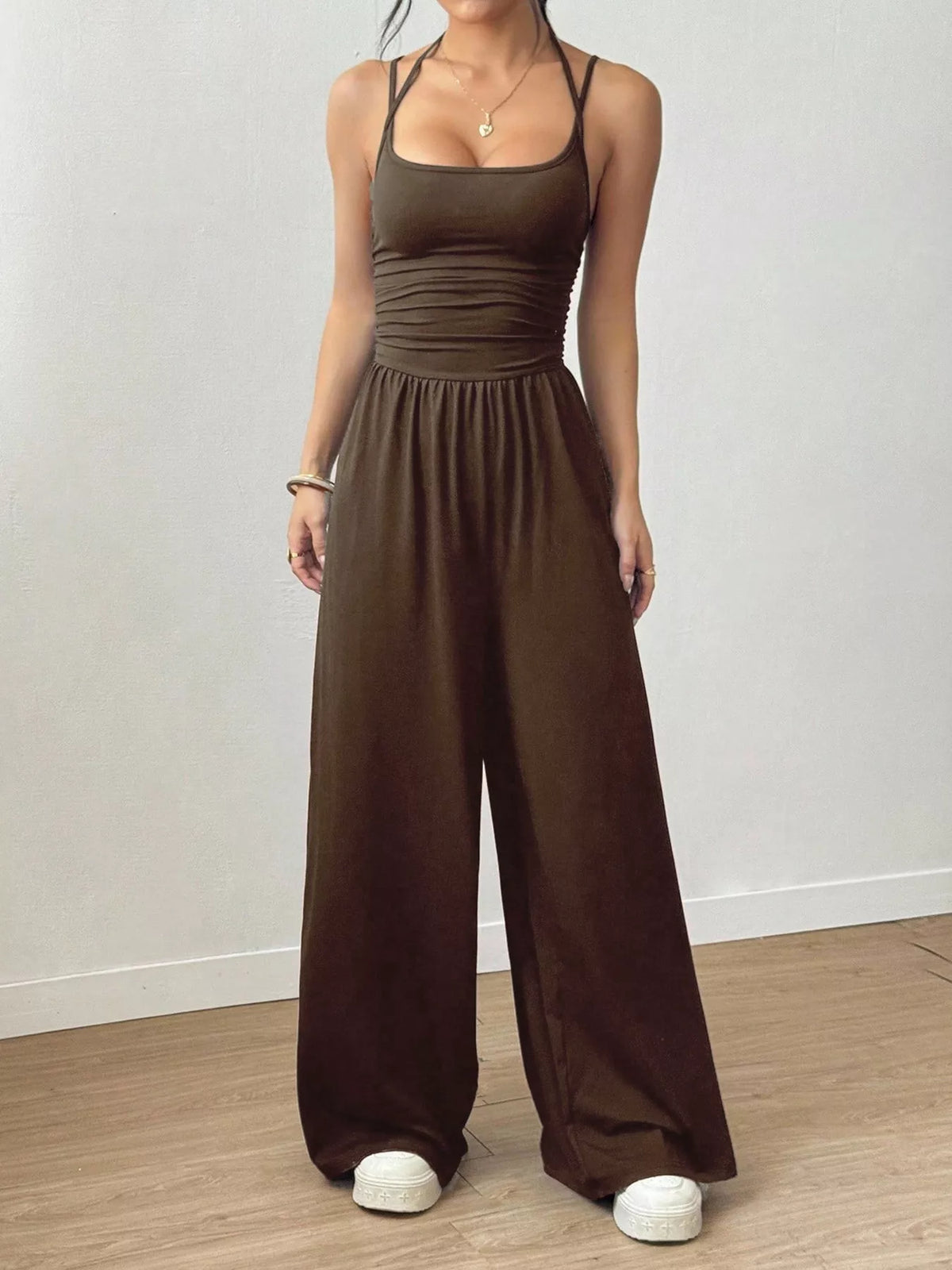 Sleeveless Wide Leg Casual Jumpsuit - Coffee Brown - View 8