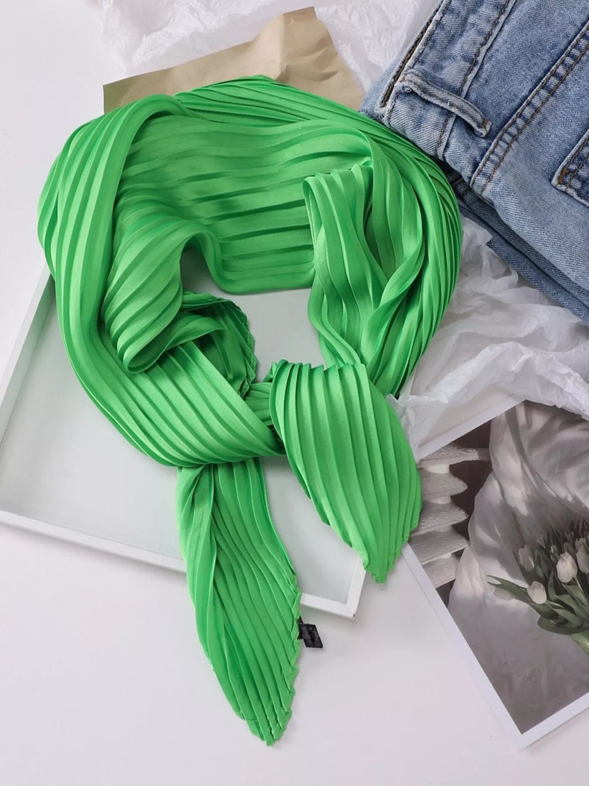 Pleated Satin Scarf - Pleated Green - View 3