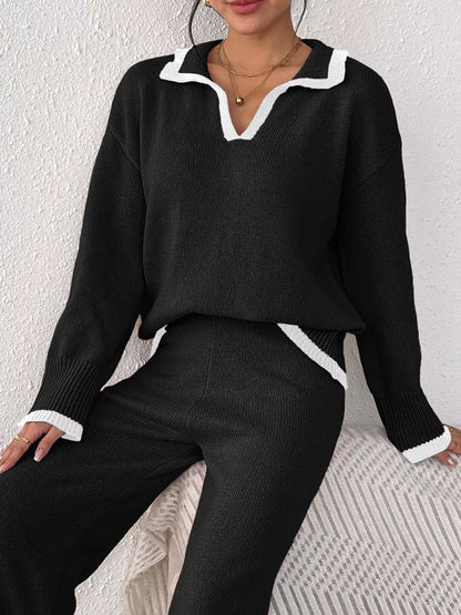 Contrast Trim Polo Collar Sweater - Black - View 2