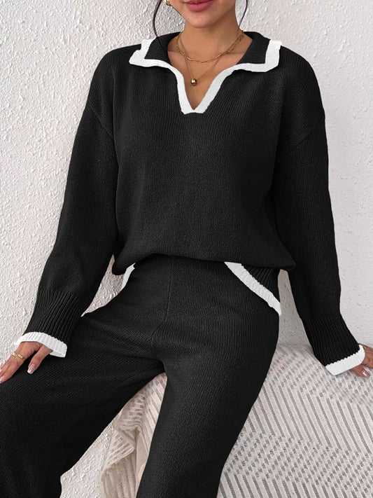 Contrast Trim Polo Collar Sweater - Black - View 2