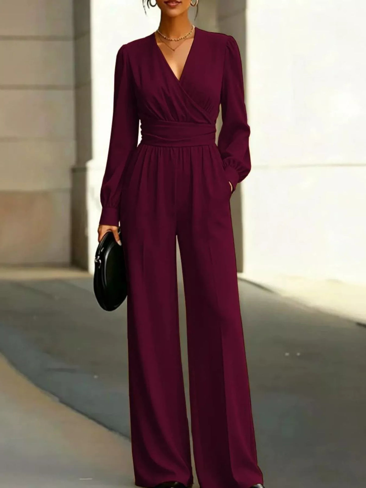 Surplice Long Sleeve Wide-Leg Jumpsuit - Wine Red - View 1