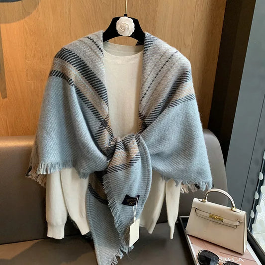 Raw Hem Plaid Scarf - Light Blue - View 1