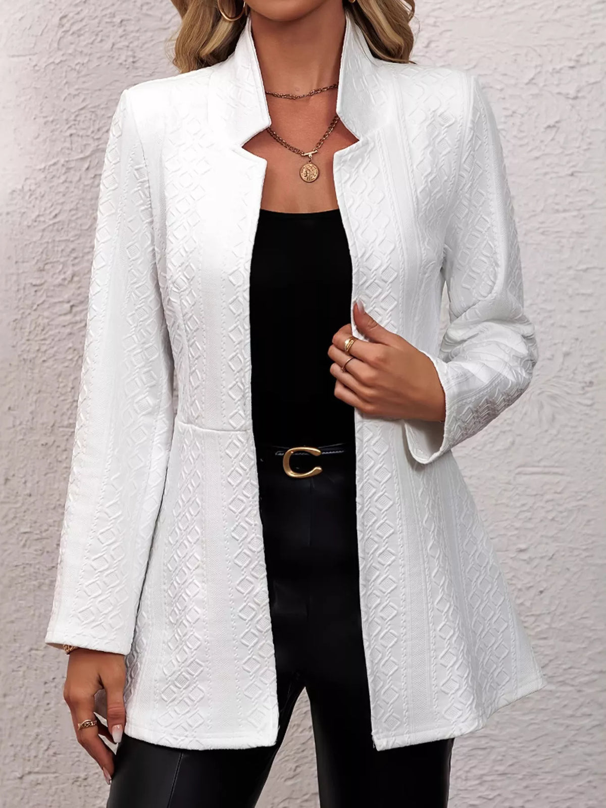 Textured Open Front Slim Fit Blazer - White - View 4