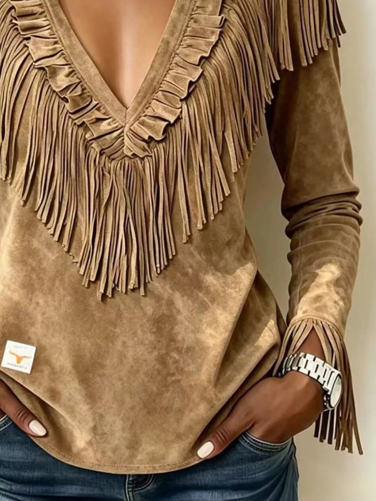 Fringed V-Neck Blouse - Taupe - View 3