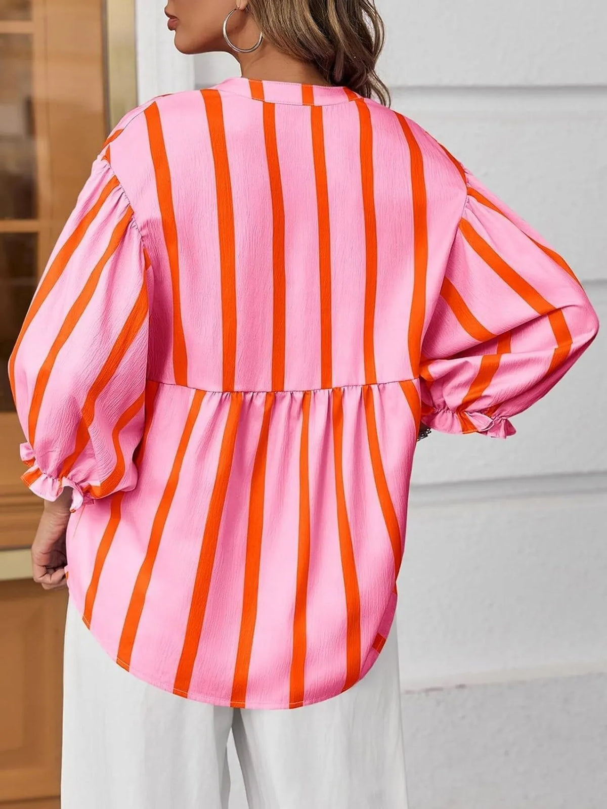 Striped Button Front Notched Blouse - Pink - View 11
