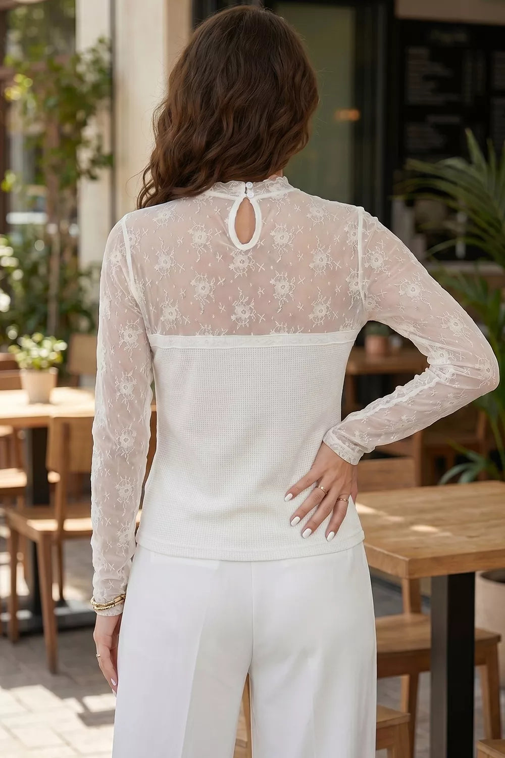 Lace Mesh Long Sleeve Top - White - View 4