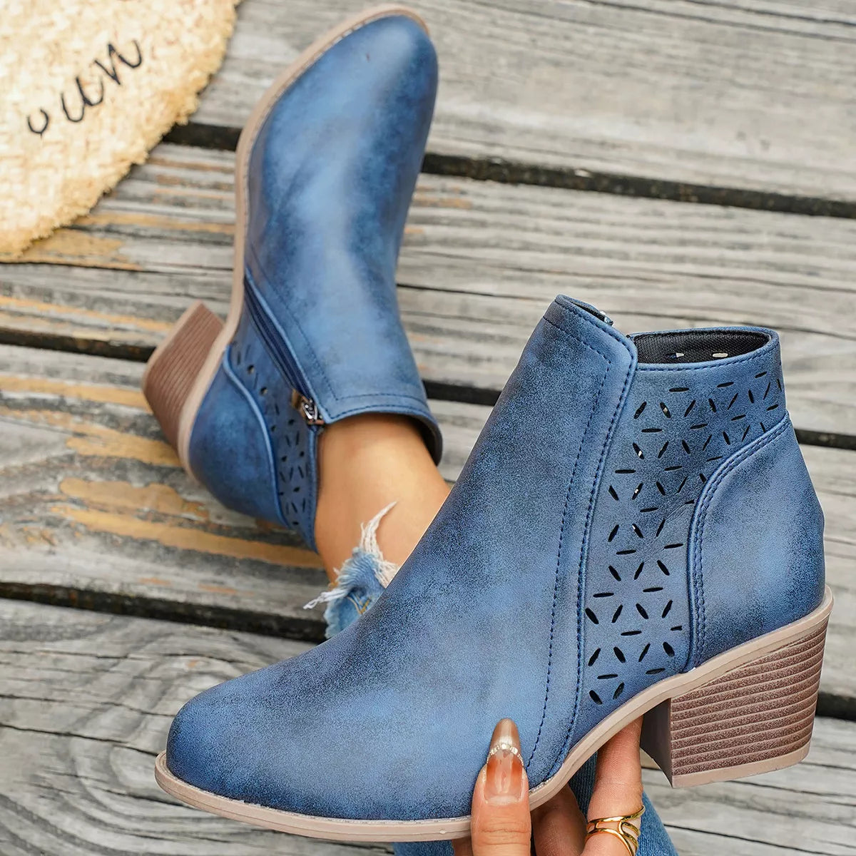 Round Toe Block Heels Boots - Blue - View 10
