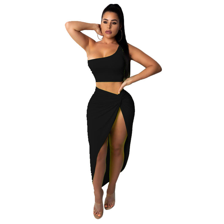 Two piece pleated solid color skirt set
