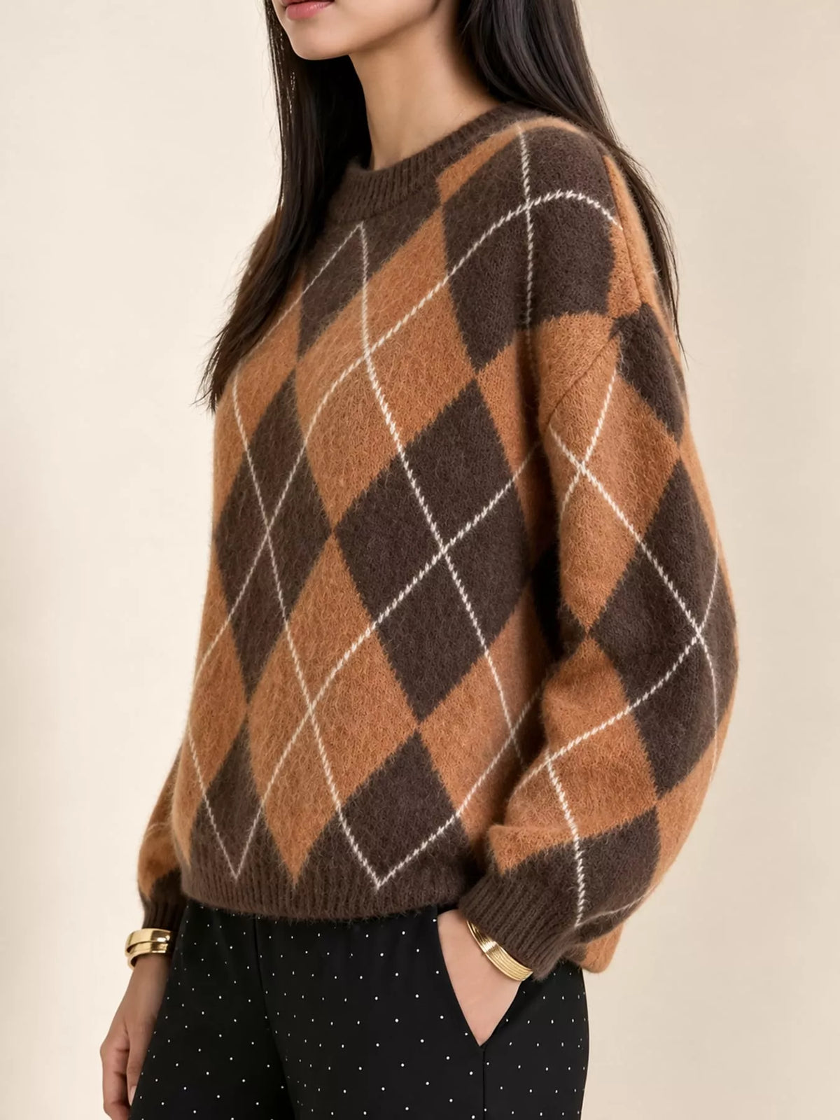 Argyle Pattern Fuzzy Knit Sweater - Orange - View 2