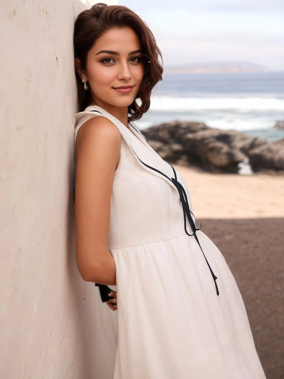 Nautical V-Neck Sleeveless Midi Dress with Contrast Trim - White - View 3