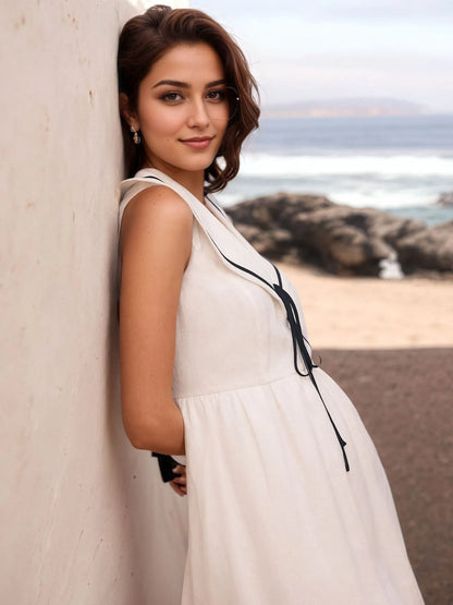 Nautical V-Neck Sleeveless Midi Dress with Contrast Trim - White - View 3