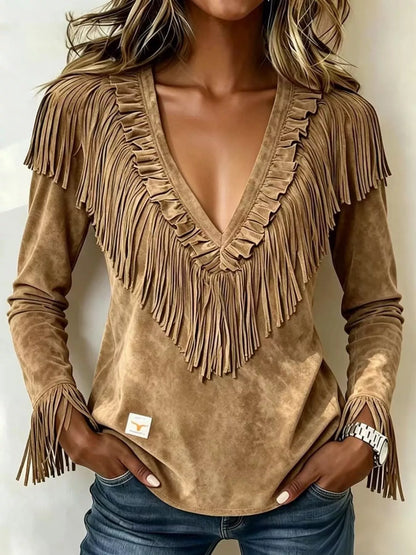 Fringed V-Neck Blouse - Taupe - View 1
