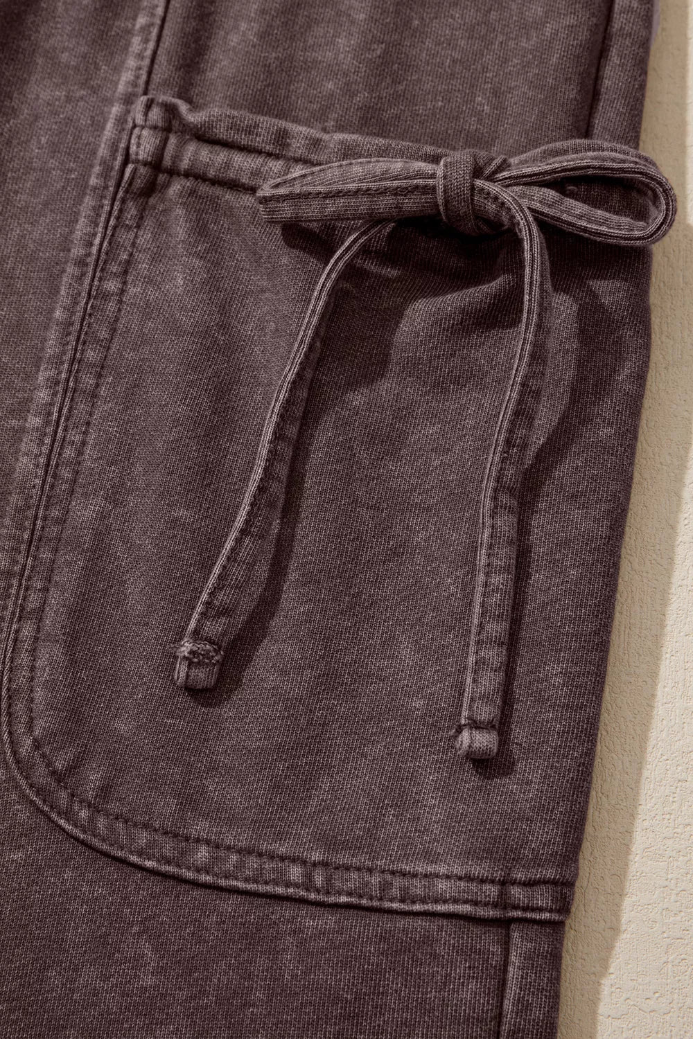 Mineral Wash Elastic Waist Drawstring Tie Detail Cargo Pants - Dark Brown - View 7