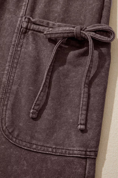 Mineral Wash Elastic Waist Drawstring Tie Detail Cargo Pants - Dark Brown - View 7