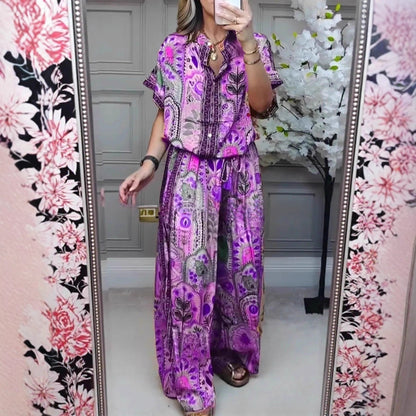 Fashionable Summer Casual Printed Round Neck Cardigan Top with Wide Leg Pants Two-Piece Set