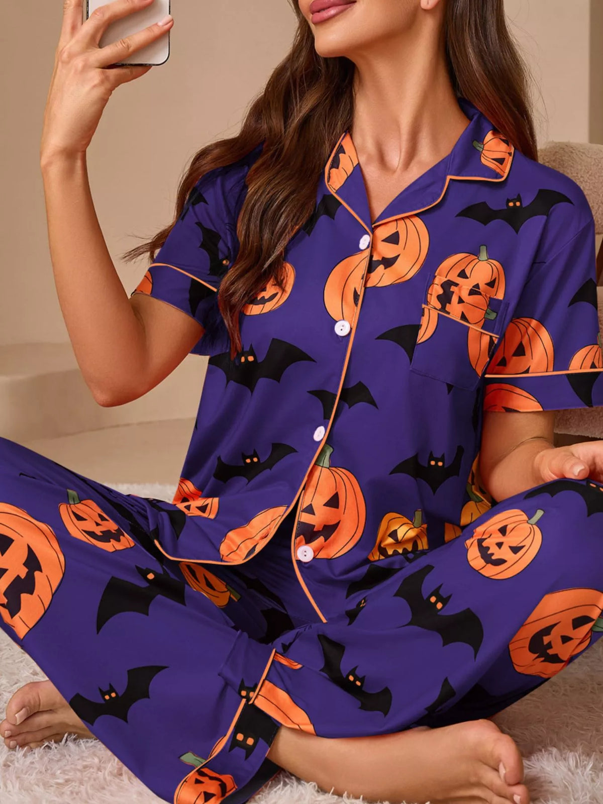 Halloween Pumpkin and Bat Print Button-Down Top and Pants Lounge Set - Purple - View 1