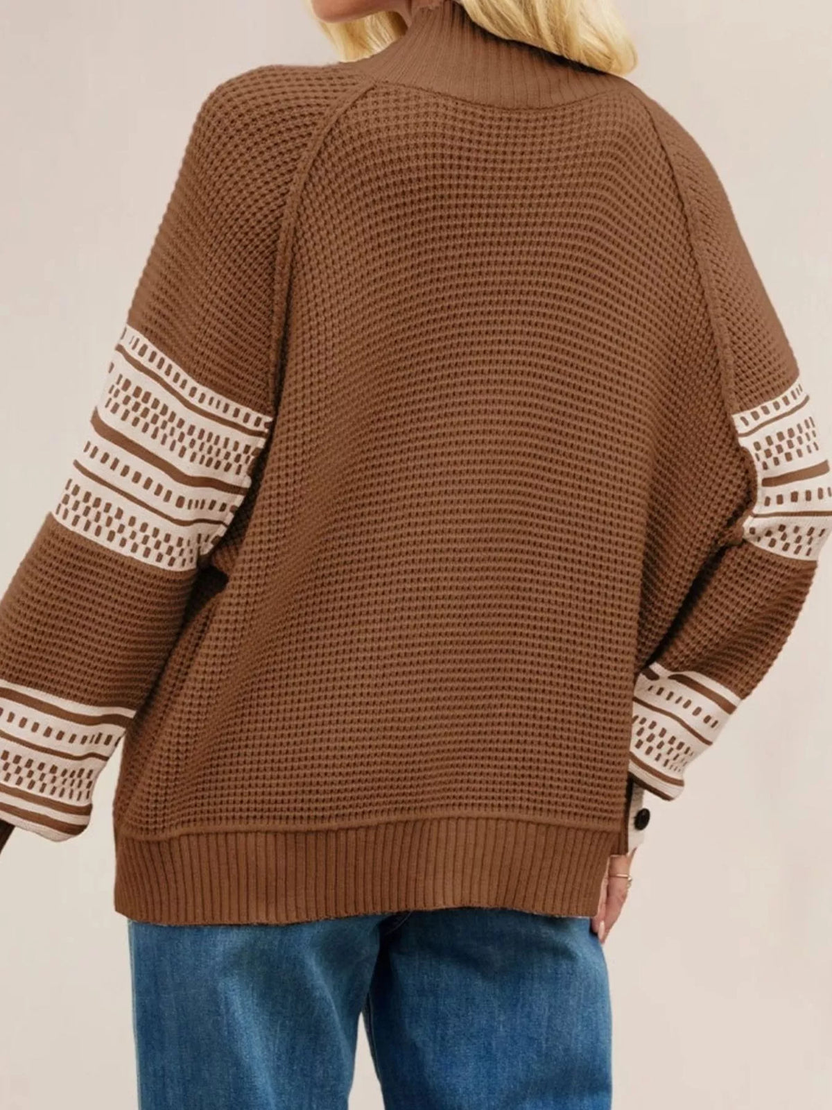 Waffle Knit Mock Neck Sweater - Brown - View 2