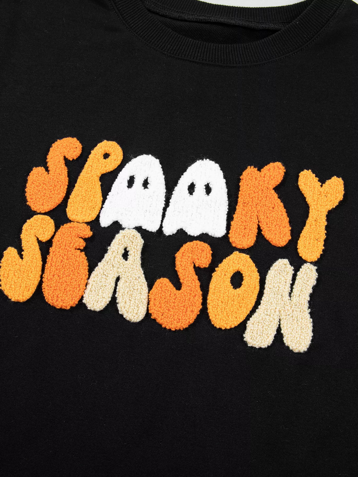 Embroidered Spooky Season Long Sleeve Round Neck Sweatshirt - Black - View 5