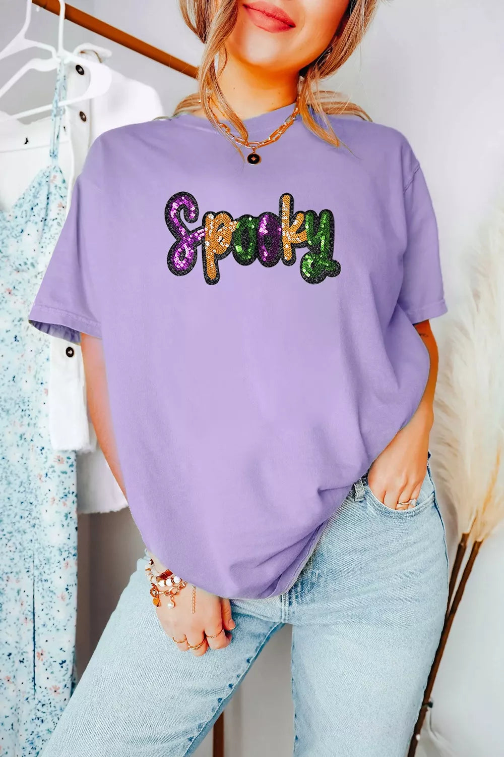 Full Size Spooky Sequin Letter Patched Cotton Blend T Shirt Plus Size - Lavender - View 1