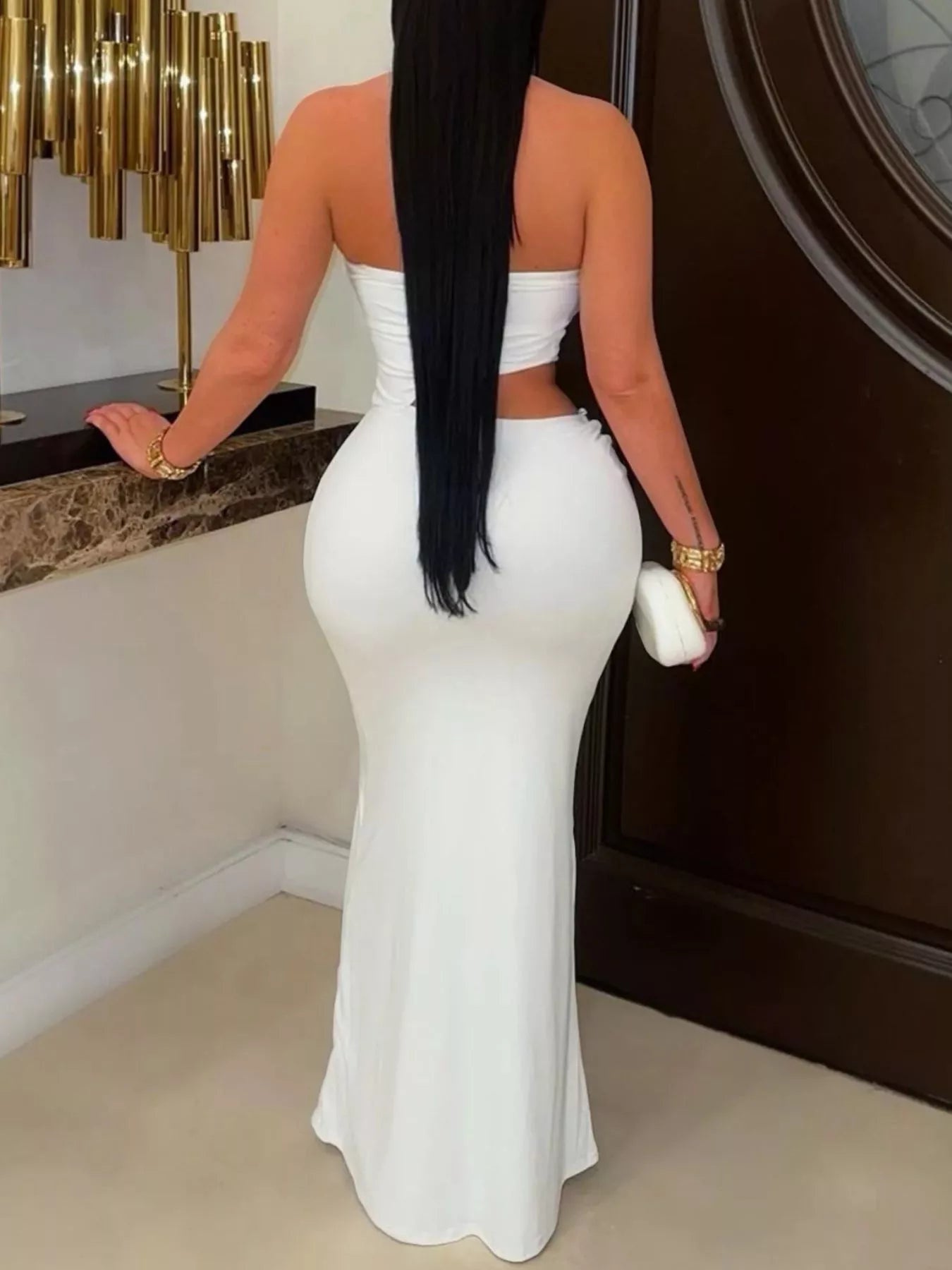 Strapless Cut-out Maxi Dress with Ruched Detail - White - Styled Rear View