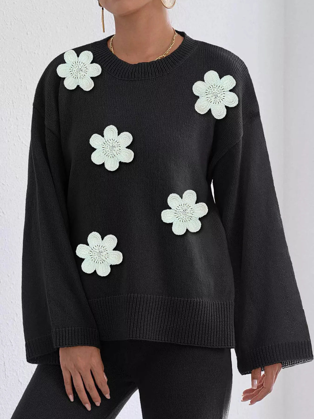 Floral Applique Crew Neck Sweater - Black - View 1