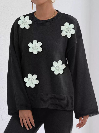 Floral Applique Crew Neck Sweater - Black - View 1