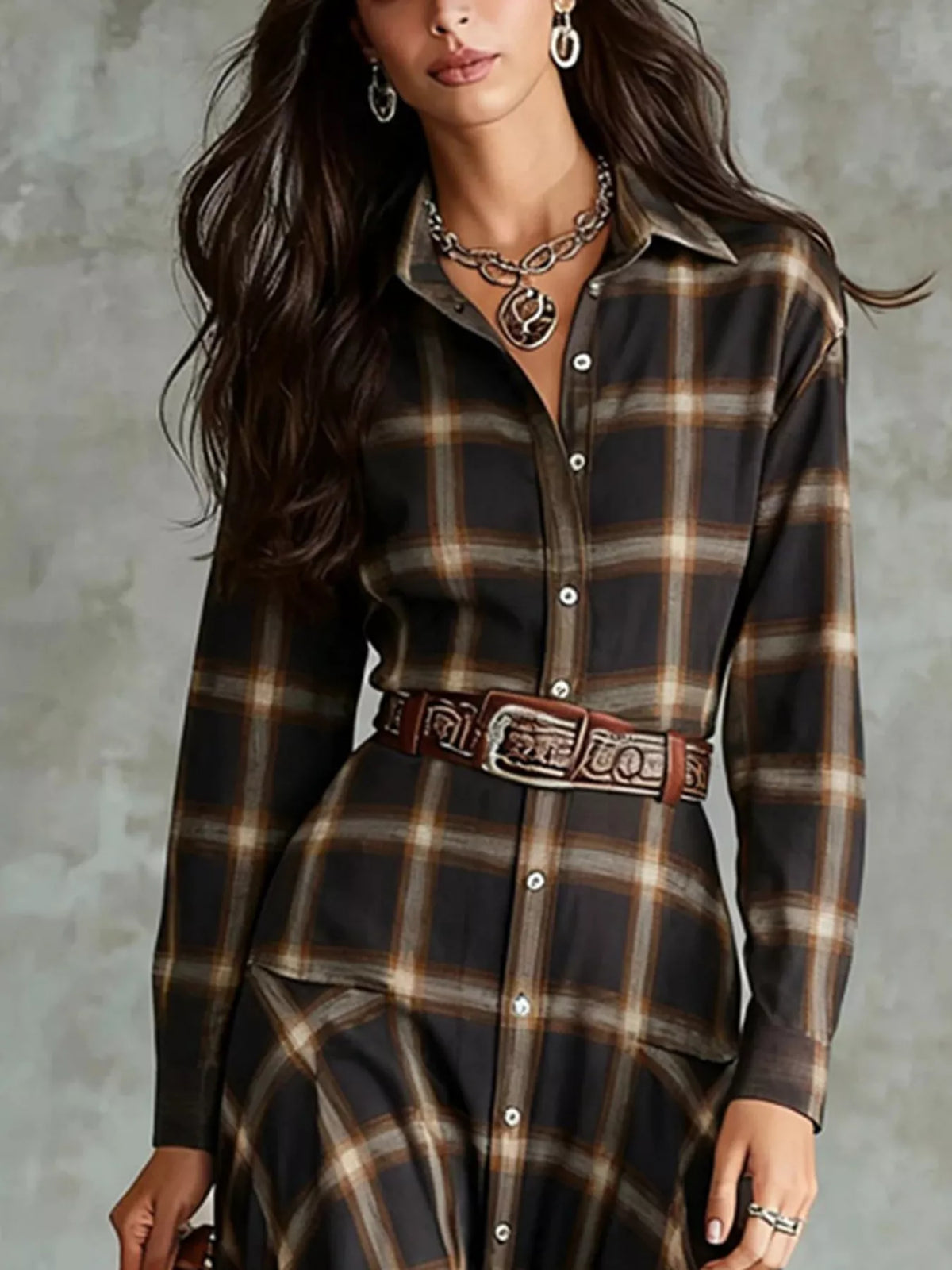 Plaid Button-Down Shirt Dress - Black - View 3