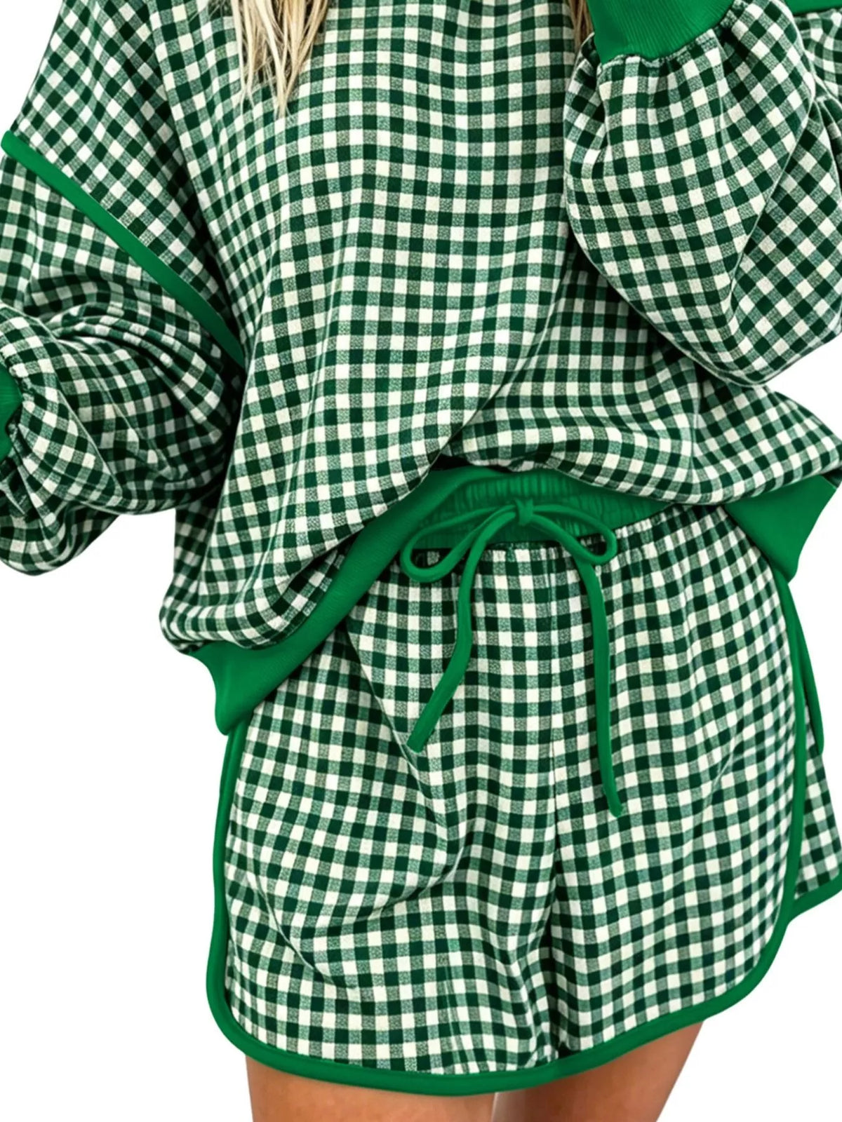 Gingham Long Sleeve Sweatshirt and Shorts Set - Moss - View 3