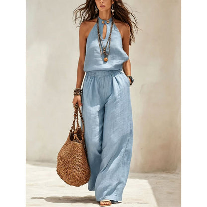 Style Solid Color Sleeveless Halter Neck Wide Leg Jumpsuit for Women