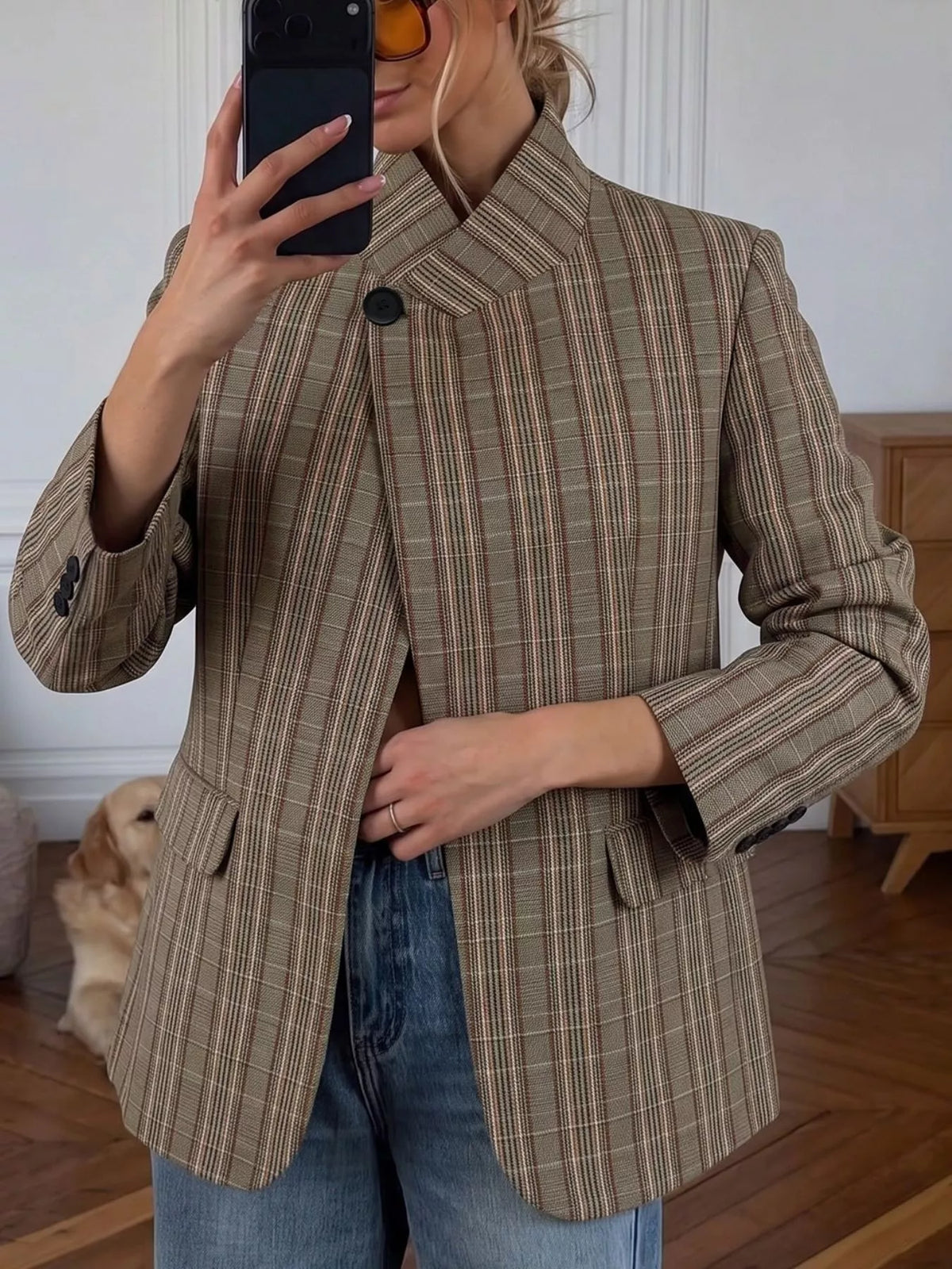 Plaid Single-Button Blazer - Mocha - View 1