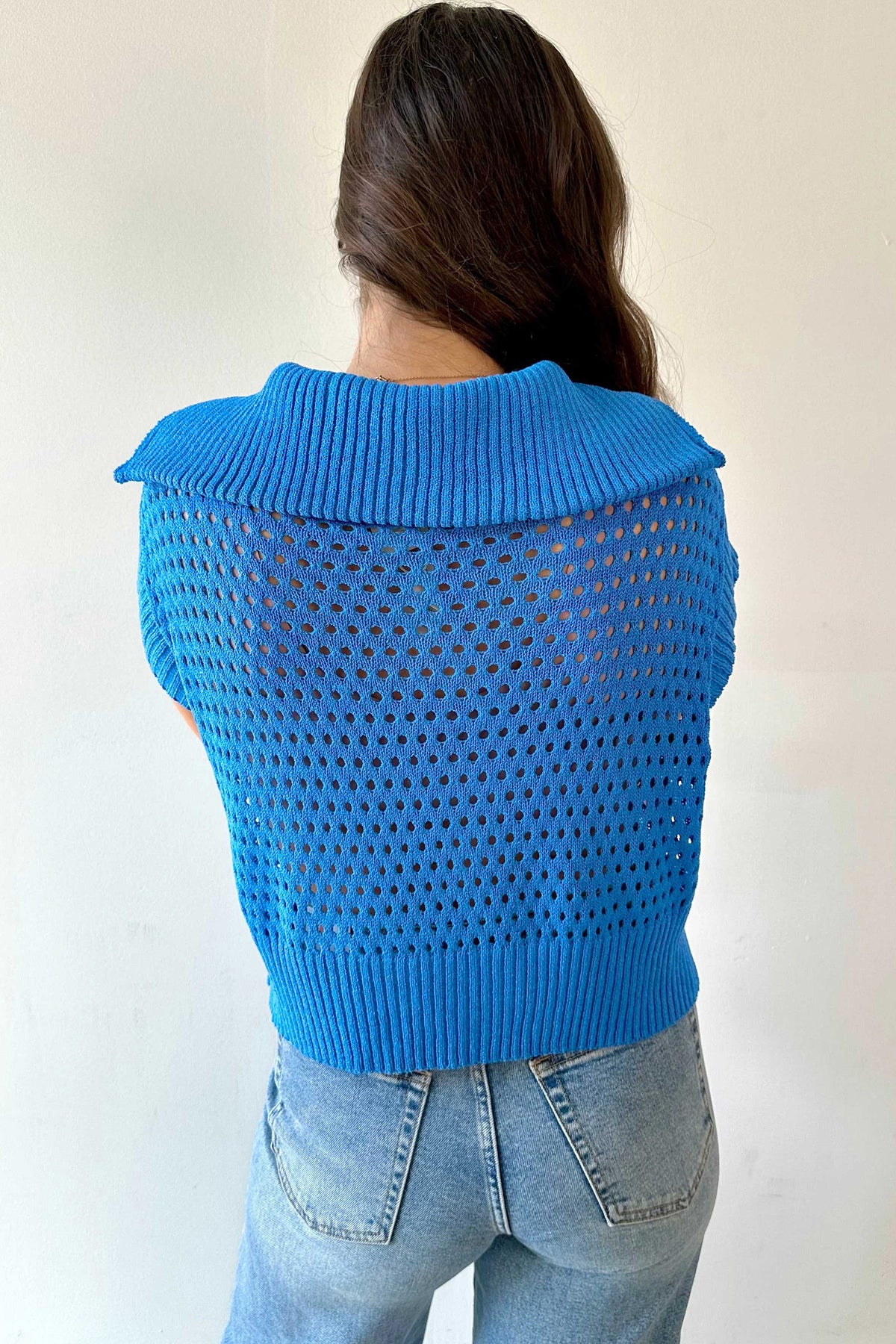 Sky Blue Cutout Knit Zip-Collar Top - Sky Blue - View 4