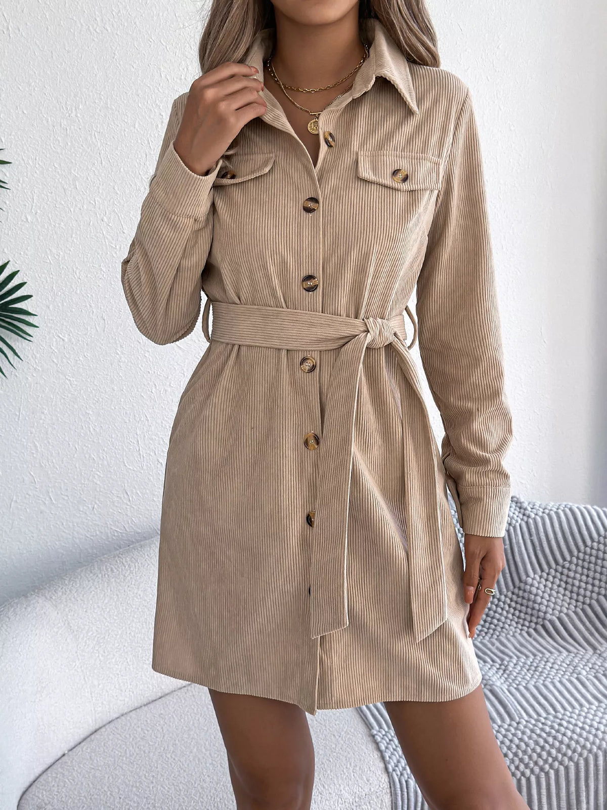 Corduroy Button-Down Shirt Dress - Khaki - View 3